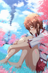  barefoot blue_sky blurry blurry_background blush brown_eyes brown_hair closed_mouth cloud cloudy_sky commentary_request day depth_of_field feet female from_side hair_between_eyes highres hugging_own_legs japanese_clothes kimono knees_up legs long_hair looking_at_viewer looking_to_the_side lora_(xenoblade) low_ponytail mebi_il outdoors petals pleated_skirt ponytail red_skirt ribbon-trimmed_sleeves ribbon_trim short_sleeves sitting skirt sky smile smoke solo toes white_kimono xenoblade_chronicles_(series) xenoblade_chronicles_2 xenoblade_chronicles_2:_torna_-_the_golden_country 