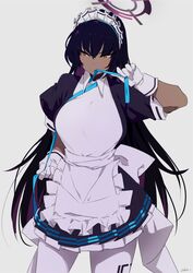  adjusting_neck_ribbon apron black_dress black_hair blue_archive blue_bow blue_bowtie bow bowtie breasts dark-skinned_female dark_skin dress female gloves grey_background hair_between_eyes halo karin_(blue_archive) large_breasts long_hair maid maid_headdress mouth_hold pantyhose ribbon short_sleeves signature simple_background sohin solo white_apron white_gloves white_pantyhose yellow_eyes 