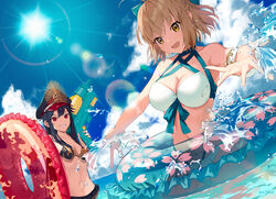  2girls ahoge bare_shoulders bikini black_hair blue_sky bow breasts brown_eyes cleavage cloud cloudy_sky collarbone commentary_request day dutch_angle fate/grand_order fate_(series) frills front-tie_bikini_top front-tie_top hairbow halterneck hat highres holding holding_water_gun horizon innertube koha-ace large_breasts lens_flare long_hair looking_at_viewer medium_breasts motto_(night_wear) multiple_girls navel ocean oda_nobunaga_(fate) oda_nobunaga_(swimsuit_berserker)_(fate) oda_nobunaga_(swimsuit_berserker)_(second_ascension)_(fate) okita_j._souji_(fate) okita_j._souji_(third_ascension)_(fate) okita_souji_(fate) open_mouth outdoors outstretched_arm outstretched_hand red_eyes short_hair sky smile splashing stomach sun sunlight swim_ring swimsuit teeth wading water water_gun 