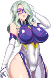  breasts cowboy_shot elbow_gloves female gloves green_hair hair_over_one_eye highres ikameshi_(nega96396) large_breasts leotard lilith-soft lipstick looking_at_viewer makeup mask naughty_face pointy_ears red_lips slit_pupils smile snake_lady solo taimanin_(series) taimanin_asagi taimanin_asagi_gaiden taimanin_rpgx thong_leotard yellow_eyes 