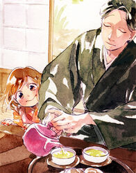  1boy 720_72 bob_cut brown_hair character_request closed_eyes closed_mouth commentary_request cup curious day facing_viewer female green_tea holding indoors japanese_clothes kimono lolicon long_sleeves nail_polish osomatsu-san osomatsu_(series) pouring red_kimono red_nails short_hair side_handle_teapot sliding_doors smile table tea teapot traditional_media tray upper_body yukata yunomi 