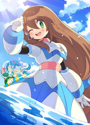  1boy ;d alternate_color android arm_up beak blue_flower blue_sky blush brown_hair chill_penguin_(mega_man) cloud commentary_request day dripping dutch_angle female flower flower_necklace food food_print fruit hair_between_eyes hand_up happy headset highres innertube iris_(mega_man) iroyopon lei light_rays long_hair looking_at_viewer mega_man_(series) mega_man_x1 mega_man_x4 mega_man_x_(series) mega_man_x_dive microphone ocean official_alternate_costume one_eye_closed open_mouth outdoors pineapple robot salute sky smile sparkle sunbeam sunglasses sunlight swim_ring teeth upper_teeth_only very_long_hair wading water water_drop watermelon_print wet white_flower 