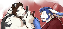  anthro beard black_clothing black_shirt black_stripes black_tank_top black_topwear blue_body blue_fur blue_hair blush brown_body brown_fur brown_hair cheek_tuft chin_tuft clenched_teeth clothing dipstick_ears donryu_(character) duo ear_markings electronics facial_hair facial_markings facial_tuft felid fur game_console gaming goatee grisser grisser_(character) hair head_markings highlights_(coloring) lagomorph leporid long_ears male mammal markings multicolored_ears muscular muscular_anthro muscular_male nintendo nintendo_ds_family orange_highlights pantherine playing_video_game rabbit red_background red_clothing red_shirt red_topwear shirt simple_background striped_face stripes tank_top teeth tiger tongue tongue_out topwear tuft vex_(donryu) white_body white_fur 