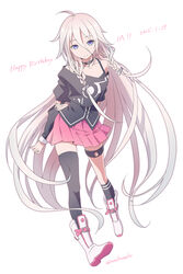  absurdly_long_hair ahoge arms_behind_back asymmetrical_legwear black_legwear black_shirt blue_eyes boots character_name choker closed_mouth collarbone commentary_request dated female floating_hair full_body grey_hair hair_between_eyes happy_birthday highres ia_(vocaloid) kirita_asami kneehighs leaning_forward long_hair long_sleeves looking_at_viewer miniskirt pink_skirt pleated_skirt shirt simple_background single_kneehigh single_sock single_thighhigh skirt smile socks solo standing thigh_strap thighhighs twitter_username uneven_legwear very_long_hair vocaloid white_background white_footwear 