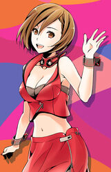  :d bra bracelet breasts brown_eyes brown_hair choker cleavage collarbone commentary_request cowboy_shot crop_top female grey_bra hair_between_eyes highres jewelry kirita_asami looking_at_viewer medium_breasts meiko_(vocaloid) meiko_(vocaloid3) midriff miniskirt nail_polish navel open_mouth red_nails red_skirt short_hair skirt smile solo standing stomach underwear vocaloid 