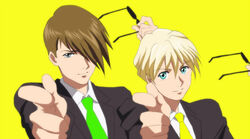  2boys alternate_costume blonde_hair blue_eyes brown_hair commentary_request enemy32 formal free! future_fish green_eyes green_necktie gundam gundam_wing hair_over_one_eye holding holding_removed_eyewear light_smile looking_at_viewer male_focus multiple_boys necktie parody pointing pointing_at_viewer quatre_raberba_winner smile suit sunglasses trowa_barton unworn_eyewear upper_body yellow_background 