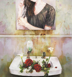  amber_tobi black_shirt brown_hair commentary cutting_hair cutting_own_hair dirty faucet female flower hairdressing hand_soap heartbreak_haircut holding holding_own_hair holding_scissors leaf liquid_soap lonely long_hair looking_at_mirror mirror mixed-language_commentary original plant red_flower red_rose reflection rose sad scissors shirt short_sleeves sink solo t-shirt upper_body white_flower 