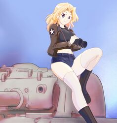  absurdres artist_name binoculars black_footwear black_shirt blonde_hair blue_eyes blue_shorts boots brown_jacket closed_mouth cutoffs denim denim_shorts emblem english_commentary female girls_und_panzer hair_intakes highres holding holding_binoculars inisipis jacket kay_(girls_und_panzer) knee_up long_sleeves looking_at_viewer m4_sherman medium_hair micro_shorts midriff military military_uniform military_vehicle motor_vehicle navel open_clothes open_jacket saunders_military_uniform shirt shorts signature sitting skindentation smile solo star_(symbol) tank tanker_jacket thighhighs uniform white_thighhighs 