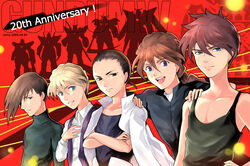  black_eyes blue_eyes braid brown_hair chang_wufei collarbone commentary_request copyright_name crossed_arms duo_maxwell enemy32 green_shirt gundam gundam_wing hair_over_one_eye hand_on_another&#039;s_shoulder heero_yuy jacket jacket_on_shoulders long_hair looking_at_viewer male_focus mecha multiple_boys open_mouth photoshop_(medium) purple_eyes quatre_raberba_winner robot shirt single_braid smile sweater teeth trowa_barton upper_body vest 