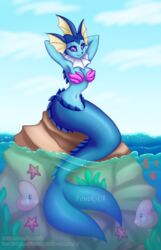  anthro arms_above_head breasts eeveelution female feneksia generation_1_pokemon hi_res hybrid marine merfolk mermay nintendo partially_submerged pokemon pokemon_(species) raised_arm solo split_form vaporeon 