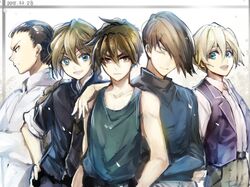  5boys alternate_eye_color arm_on_another&#039;s_shoulder belt black_eyes black_shirt blonde_hair blue_eyes braid brown_eyes brown_hair chang_wufei closed_eyes commentary_request crossed_arms duo_maxwell expressionless green_shirt gundam gundam_wing hair_over_one_eye heero_yuy long_hair looking_at_viewer male_focus multiple_boys open_mouth profile quatre_raberba_winner rakkyhappy shirt short_hair single_braid smile sweater teeth trowa_barton upper_body vest white_shirt 