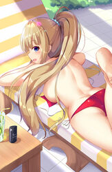  :d absurdres ass back beach_chair bendy_straw bikini blonde_hair blue_eyes blunt_bangs breast_press breasts commentary_request day dongyue_sakura drink drinking_straw female food fruit glass hair_ornament hair_scrunchie highres ice ice_cube karuizawa_kei legs_up lens_flare lime_(fruit) lime_slice long_hair looking_at_viewer looking_to_the_side lotion lying medium_breasts on_stomach open_mouth outdoors ponytail red_bikini scrunchie sidelocks smile solo sunbathing sunscreen swimsuit table thighs untied_bikini youkoso_jitsuryoku_shijou_shugi_no_kyoushitsu_e 