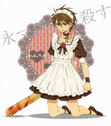  1boy alternate_costume angry ar_(rikuesuto) baseball_bat brown_hair choker commentary_request crossdressing enmaided flower highschool_of_the_dead kneeling komuro_takashi maid maid_headdress male_focus painttool_sai_(medium) red_flower red_rose rose solo 