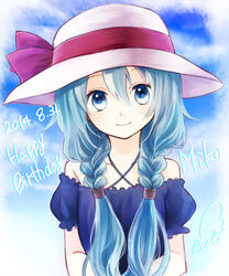  aqua_eyes aqua_hair braid character_name commentary_request dated female hair_over_shoulder happy_birthday hat hatsune_miku long_hair smile solo sun_hat twin_braids twintails vocaloid yoitsukishin 