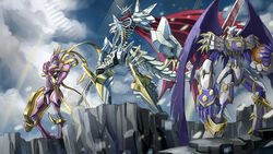  armor cape claws cliff cloud commentary_request crystal digimoji digimon digimon_(creature) dk_(13855103534) dual_wielding dynasmon energy energy_ball flower grey_eyes head_wings highres holding horns jesmon lordknightmon multiple_swords no_humans pile_bunker red_eyes rose sash shield single_horn sky spikes sunlight sword tail torn_wings weapon wings 