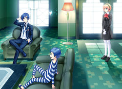  2boys aegis_(persona) android blonde_hair blue_eyes blue_hair bow bug butterfly chair commentary_request couch digital_media_player easy_chair female gekkoukan_high_school_uniform headphones koremi2 lolicon multiple_boys persona persona_3 pharos photoshop_(medium) ribbon school_uniform short_hair smile yuuki_makoto_(persona_3) 