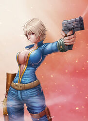  artist_name breasts collarbone commentary cowboy_shot dual_wielding english_commentary fallout_(series) fallout_4 female gun handgun highres holding holster large_breasts newash photoshop_(medium) pip_boy red_eyes rifle short_hair silver_hair simple_background sole_survivor_(female) solo unzipped vault_suit weapon zipper 