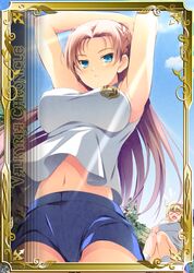  &gt;o&lt; 2girls armpits arms_up blonde_hair blue_eyes blue_shorts brown_hair copyright_name cosette_coalhearth day from_below gym_uniform hairband juliana_eberhardt long_hair looking_at_viewer lowres multiple_girls outdoors senjou_no_valkyria_(series) senjou_no_valkyria_2 short_hair short_shorts shorts sky 