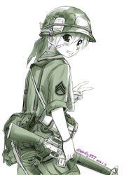  :d alice_gear assault_rifle bandaid bandaid_on_cheek bandaid_on_face blush bottle bracelet canteen combat_helmet commentary_request cowboy_shot dated ebifly female from_behind green_theme gun hair_between_eyes helmet holding holding_gun holding_weapon jewelry load_bearing_equipment looking_at_viewer looking_back m16 m16a1 m1_helmet military military_rank_insignia monochrome open_mouth original painttool_sai_(medium) pants pouch rifle short_hair short_sleeves simple_background smile soldier solo standing twitter_username united_states_army v vietnam_war weapon white_background 