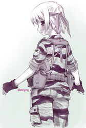  :o alice_gear blue_background blue_theme bottle camouflage camouflage_paint canteen commentary_request cowboy_shot ebifly explosive facepaint female fingerless_gloves gloves gradient_background grenade headband load_bearing_equipment looking_at_viewer looking_back military monochrome original pants pouch shirt short_hair short_sleeves soldier solo standing tropical_camouflage twitter_username vest 