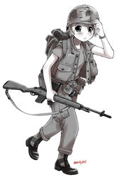  adjusting_clothes adjusting_headwear alice_gear backpack bag battle_rifle belt blush boots combat_boots combat_helmet commentary_request ebifly explosive female full_body grenade gun hair_between_eyes hand_on_headwear helmet holding holding_gun holding_weapon load_bearing_equipment m14 m1_helmet original pants parted_lips pouch rifle running shirt short_hair simple_background soldier solo standing standing_on_one_leg twitter_username united_states_marine_corps vest vietnam_war walking watch weapon white_background wristwatch 