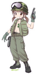  :d alice_gear belt blush boots brown_eyes brown_hair camouflage combat_boots commentary_request dog_tags ebifly female flak_jacket flat_chest goggles goggles_on_head goggles_on_headwear green_footwear green_pants grin gun handgun helmet holding holding_gun holding_weapon holster jacket low_twintails m1911 military no_bra oerba_yun_fang open_clothes open_jacket open_mouth original pants sleeveless sleeveless_jacket smile solo standing trigger_discipline twintails twitter_username vietnam_war weapon 