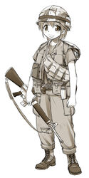  :d alice_gear assault_rifle backpack bag bandolier boots canteen combat_boots commentary_request ebifly explosive female flak_jacket flashbang full_body grenade gun hair_between_eyes helmet highres holding holding_gun holding_weapon jacket load_bearing_equipment looking_at_viewer m16 m16a1 military monochrome open_mouth original pants pouch rifle short_sleeves simple_background smile smoke_grenade solo standing united_states_army vest vietnam_war weapon white_background 