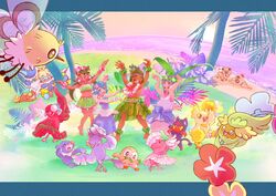  2boys 2girls absurdres bad_id bad_pixiv_id beach berry_(pokemon) bird cheri_berry comfey cutiefly elio_(pokemon) feline fern flower flower_necklace grass grass_skirt hau_(pokemon) head_wreath highres hula jewelry kasib_berry lana_(pokemon) lei litten lum_berry mallow_(pokemon) multiple_boys multiple_girls necklace ocean oran_berry oricorio oricorio_(baile) oricorio_(pa&#039;u) oricorio_(pom-pom) oricorio_(sensu) outdoors owl palm_tree palossand pearl_necklace pokemon pokemon_(creature) pokemon_sm pokemon_usum popplio rockruff rowlet sand sea_lion sitrus_berry starfish_hair_ornament starter_pokemon_trio sun sunset tree tsunetowako water 