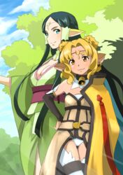  2girls :3 alicia_rue animal_ears bad_id bad_pixiv_id blonde_hair blue_sky breasts cat_ears cat_girl cleavage cloud cloudy_sky dark_green_hair day ear_covers elf green_eyes green_hair hair_tubes highres japanese_clothes long_hair medium_breasts multiple_girls outdoors pointy_ears sakuya_(sao) short_eyebrows short_hair sky sword_art_online thick_eyebrows thighhighs tree very_long_hair yellow_eyes zazagawara 