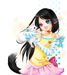  animal animal_ears animal_tail artist_request black_hair blue_eyes bow cat_bell character_request choker collar dots feline heterochromia laughing long_hair loose_hair lowres paw_print pet pink_eyes polka_dot polka_dots ribbon simple_background skirt solo source_request straight_hair striped 