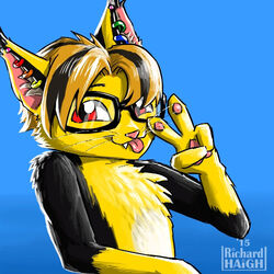  1:1 alternate_pride_colors alternate_rainbow_pride_colors anthro badge blue_background caracal caracal_(genus) chest_tuft ear_piercing eyewear fangs felid feline gesture glasses hair hand_gesture inner_ear_fluff jewelry lgbt_pride looking_at_viewer low_res male mammal multicolored_hair multicolored_jewelry pawpads penmark piercing pink_nose pink_pawpads pink_tongue pride_color_accessory pride_color_jewelry pride_color_piercing pride_colors rainbow rainbow_piercings rainbow_pride_colors rainbow_symbol red_eyes simple_background smile solo teeth tongue tongue_out tuft two_tone_hair ulrich_benton v_sign 