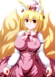  animal_ears blonde_hair bow breasts brooch commentary_request cosplay dress female fox_ears fox_tail hat huge_breasts jewelry juliet_sleeves long_sleeves looking_at_viewer merry_(diameri) multiple_tails mystia_lorelei mystia_lorelei_(cosplay) photoshop_(medium) pink_dress puffy_sleeves short_hair smile solo tail touhou yakumo_ran yellow_eyes 