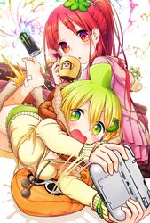  2girls :o ahoge animal_ears animal_hood animal_print aqua_hair arm_warmers banana banana_(kuromaru9) banana_hair_ornament bandaid barefoot basket blonde_hair can commentary_request controller cup drink_can energy_drink eyebrows food food-themed_hair_ornament frills fruit fur_trim game_controller gradient_eyes gradient_hair green_eyes green_hair hair_between_eyes hair_ornament hairclip highres holding hood hood_down hoodie huge_ahoge inkling inkling_player_character kicking kotatsu kuromaru9 long_hair long_sleeves looking_at_viewer lying mandarin_orange monkey monkey_ears monster_energy motion_lines mug multicolored_eyes multicolored_hair multiple_girls nengajou new_year open_mouth orange_eyes original personification pillow pom_pom_(clothes) ponytail print_mug purple_eyes red_hair soda_can soles splatoon_(series) splatter steam table tea teacup very_long_hair wii_u_gamepad 