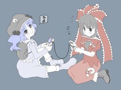  2girls backpack bag blue_hair boots bow eighth_note frilled_bow frilled_skirt frills front_ponytail game_boy game_boy_(original) game_link_cable grey_background hair_bobbles hair_ornament hairbow handheld_game_console hat kagiyama_hina kawashiro_nitori long_hair long_sleeves looking_at_viewer multiple_girls musical_note open_mouth pocket puffy_short_sleeves puffy_sleeves seiza short_hair short_sleeves simple_background sitting skirt speech_bubble spoken_musical_note torque touhou twintails two_side_up 