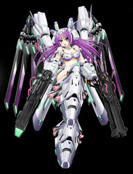  akiran_(r32) asymmetrical_dual_wielding beam_rifle breasts cleavage commentary_request dual_wielding energy_gun female full_body headgear holding huge_weapon mecha_musume mechanical_wings medium_breasts midriff nail_polish neon_trim original purple_hair purple_nails red_eyes solo thrusters weapon wings 