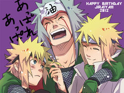  2012 3boys :d blonde_hair blue_eyes blush chappa_(chappa7610) closed_eyes facial_mark forehead_protector grey_hair happy_birthday headband jiraiya male male_focus multiple_boys namikaze_minato naruto open_mouth smile tsumami uzumaki_naruto 