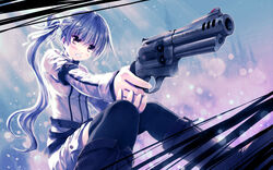  armband aruciii belt black_footwear black_thighhighs blue_hair blue_theme blurry blush bokeh boots brown_eyes clenched_teeth commentary_request depth_of_field english_text female finger_on_trigger firing gun hair_ribbon handgun holding holding_gun holding_weapon long_hair long_sleeves looking_away original photoshop_(medium) product_placement ribbon shorts sitting smith_&amp;_wesson solo teeth thighhighs very_long_hair weapon white_ribbon zipper 