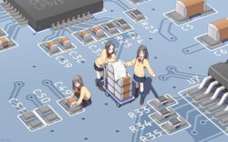  3girls absurdres bad_id bad_pixiv_id black_hair black_pantyhose blue_eyes blue_skirt blue_socks blue_theme bow bowtie brown_footwear brown_hair capacitor circuit_board commentary_request computer_chip dated_commentary highres holding holding_paper kneehighs leaning_on_object light_brown_hair loafers mini_person minigirl multiple_girls original pantyhose paper parted_bangs plaid plaid_skirt platform_truck pleated_skirt pointing red_bow red_bowtie resistor school_uniform shapoco shoes skirt smile socks squatting standing sweater twitter_username wide_shot 