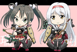  2girls akiran_(r32) boots bow_(weapon) brown_eyes chibi commentary_request green_eyes hair_ribbon hairband japanese_clothes kantai_collection long_hair mecha_musume miko multiple_girls muneate ribbon shoukaku_(kancolle) skirt smile thigh_boots thighhighs twintails weapon white_hair zettai_ryouiki zuikaku_(kancolle) 