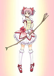  akiran_(r32) bow_(weapon) bubble_skirt choker commentary_request female gloves jewelry kaname_madoka kaname_madoka_(magical_girl) kneehighs magical_girl mahou_shoujo_madoka_magica mahou_shoujo_madoka_magica_(anime) pendant pink_eyes pink_hair puffy_short_sleeves puffy_sleeves short_sleeves short_twintails skirt socks solo soul_gem twintails weapon white_gloves white_socks 