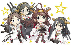  4girls ahoge akiran_(r32) black_hair blue_eyes boots brown_eyes cannon commentary_request detached_sleeves glasses hands_on_thighs haruna_(kancolle) headgear hiei_(kancolle) huge_ahoge japanese_clothes kantai_collection kirishima_(kancolle) knee_boots kneeling kongou_(kancolle) long_hair mecha_musume multiple_girls nontraditional_miko outstretched_hand pantyhose parted_bangs short_hair star_(symbol) starry_background wide_sleeves 