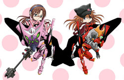  2girls :3 akiran_(r32) animal_hat anti-materiel_rifle blue_eyes bodysuit bodysuit_under_clothes brown_hair cannon cat_hat chibi commentary_request eva-08_ranged_rifle eva_02 eva_02_prime_beta eva_08 evangelion:_3.0_you_can_(not)_redo evangelion_(mecha) extra_eyes eyepatch glasses glowing green_eyes gun hairband hat holding holding_cannon holding_gun holding_weapon interface_headset long_hair makinami_mari_illustrious mecha multiple_girls neon_genesis_evangelion on_mecha optical_sight pilot_suit pink_bodysuit plugsuit rebuild_of_evangelion red-framed_eyewear red_bodysuit rifle robot science_fiction semi-rimless_eyewear sniper_rifle souryuu_asuka_langley under-rim_eyewear weapon 