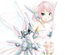  akiran_(r32) bare_shoulders bouquet bridal_veil commentary_request dress elbow_gloves female flower gloves green_eyes jewelry mecha_musume necklace original pink_hair robot_ears short_hair smile solo strapless strapless_dress thrusters v veil wedding_dress 