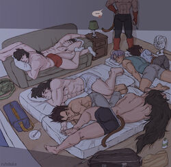  6+boys alien bag bardock black_hair character_request couch dragon_ball dragon_ball_z fan highres long_hair male male_focus multiple_boys muscle plate purple_hair raditz rutobuka sleeping son_gohan son_gokuu son_goten tail tarble toothbrush topless trunks_(dragon_ball) trunks_briefs underwear vegeta 