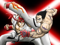  2boys akiran_(r32) battle black_hair blocking blue_eyes brown_hair commentary_request dougi fingerless_gloves gloves grin headband heterochromia kicking mishima_kazuya multiple_boys muscular red_eyes ryu_(street_fighter) scar shin_guards smile street_fighter street_fighter_x_tekken tekken topless_male 