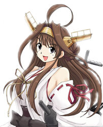  ahoge akiran_(r32) bare_shoulders brown_hair cannon commentary_request detached_sleeves female headgear huge_ahoge japanese_clothes kantai_collection kongou_(kancolle) long_hair nontraditional_miko smile solo 