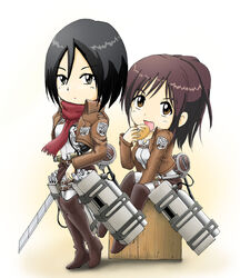  2girls akiran_(r32) black_hair boots bread brown_eyes brown_hair chibi commentary_request cropped_jacket eating emblem food knee_boots mikasa_ackerman multiple_girls paradis_military_uniform ponytail red_scarf sasha_blouse scarf shingeki_no_kyojin short_hair sitting sword three-dimensional_maneuver_gear training_corps_(emblem) weapon 