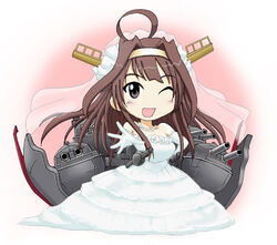  ;) ahoge akiran_(r32) bare_shoulders bridal_veil brown_hair cannon chibi commentary_request dress elbow_gloves female gloves hairband huge_ahoge jewelry kantai_collection kongou_(kancolle) long_hair mecha_musume necklace one_eye_closed outstretched_hand pearl_necklace smile solo strapless strapless_dress veil wedding_dress white_gloves 