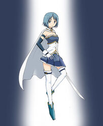  akiran_(r32) ankle_boots blue_eyes blue_hair boots breasts cape commentary_request detached_sleeves female gloves hand_on_own_hip magical_girl mahou_shoujo_madoka_magica mahou_shoujo_madoka_magica_(anime) miki_sayaka miki_sayaka_(magical_girl) parted_bangs short_hair skirt small_breasts solo sword thighhighs weapon white_gloves white_thighhighs 