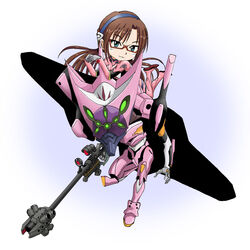  :3 akiran_(r32) anti-materiel_rifle blue_eyes bodysuit brown_hair cannon chibi commentary_request eva-08_ranged_rifle eva_08 evangelion:_3.0_you_can_(not)_redo evangelion_(mecha) extra_eyes female glasses glowing glowing_eyes green_eyes gun hairband holding holding_cannon holding_gun holding_weapon interface_headset long_hair makinami_mari_illustrious mecha neon_genesis_evangelion on_mecha optical_sight pilot_suit pink_bodysuit plugsuit rebuild_of_evangelion red-framed_eyewear rifle robot science_fiction semi-rimless_eyewear sniper_rifle under-rim_eyewear weapon 